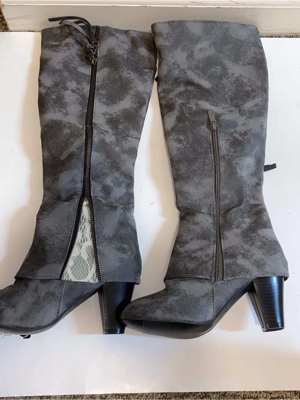 Women's Gray Faux Suede-Look Knee Boots with Side Zipper